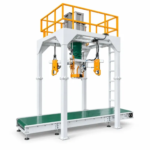 Bulk bag filling frame with suspension hooks, filling head and discharge conveyor