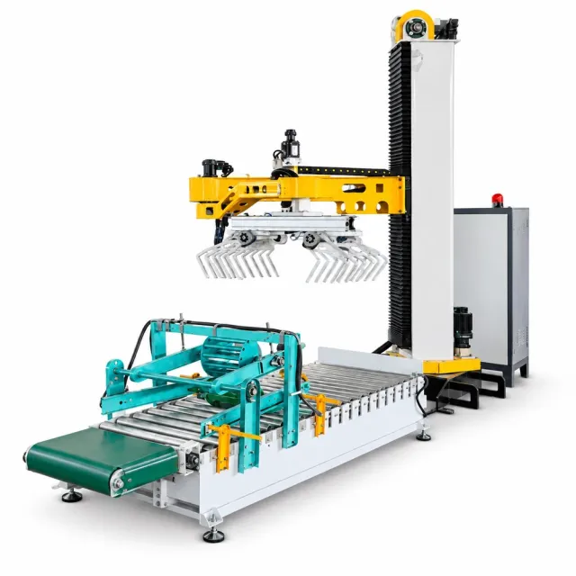 Column palletizer with bag gripper, infeed conveyors and control cabinet