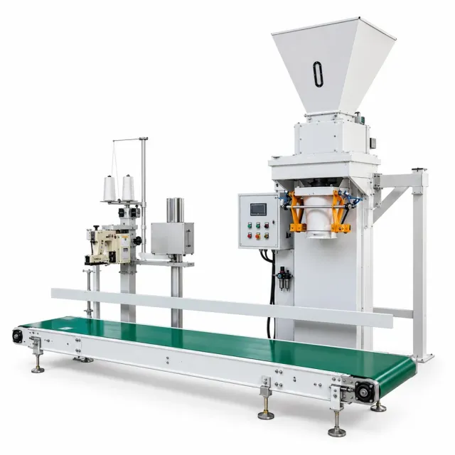 Bagging machine with feed hopper, bag clamp, sewing head and belt conveyor